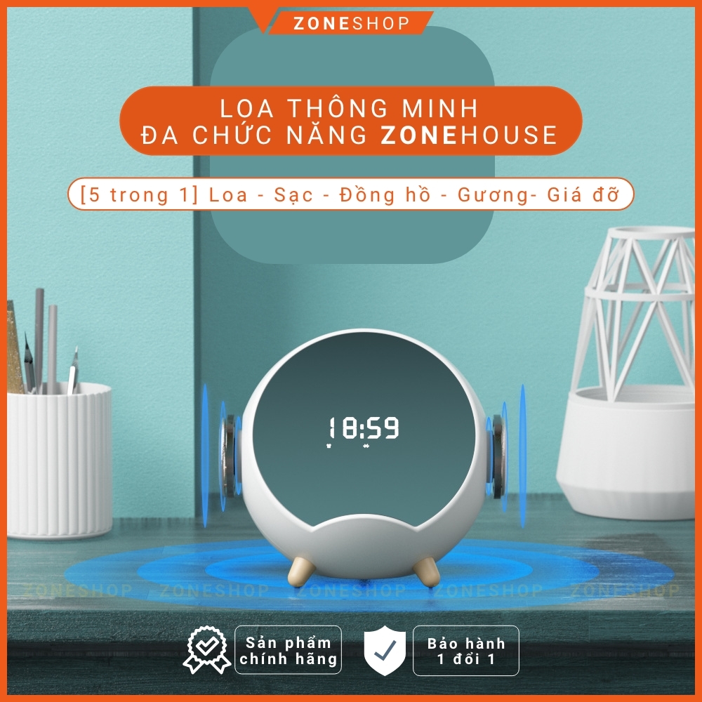 Loa bluetooth đa chức năng ZONEHOUSE, đế sạc điện thoại không dây, đồng hồ báo thức gương, giá đỡ điện, 5in1 [ZONESHOP]