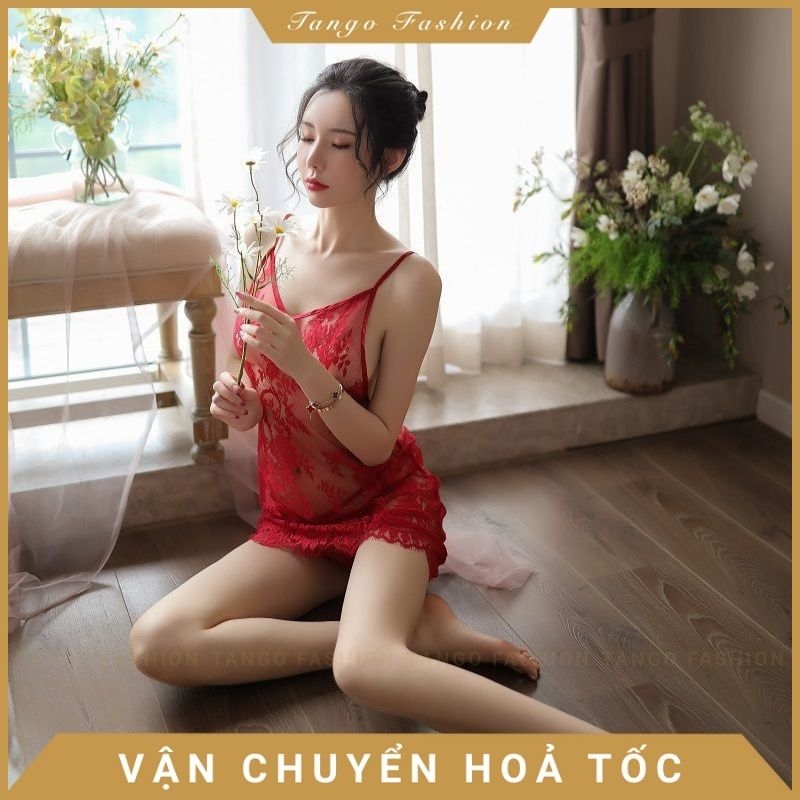 Váy ngủ sexy gợi dục hở, Đầm ngủ gợi cảm hai dây ren kèm quần chip lọt khe, đồ ngủ mặc nhà [TANGO]