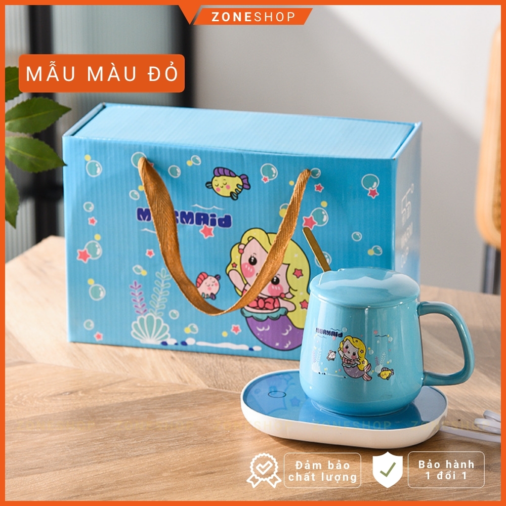 Cốc hâm nóng đồ uống bằng sứ cao cấp, bộ cốc sứ làm nóng tự động tặng thìa vàng sang trọng Zone Shop