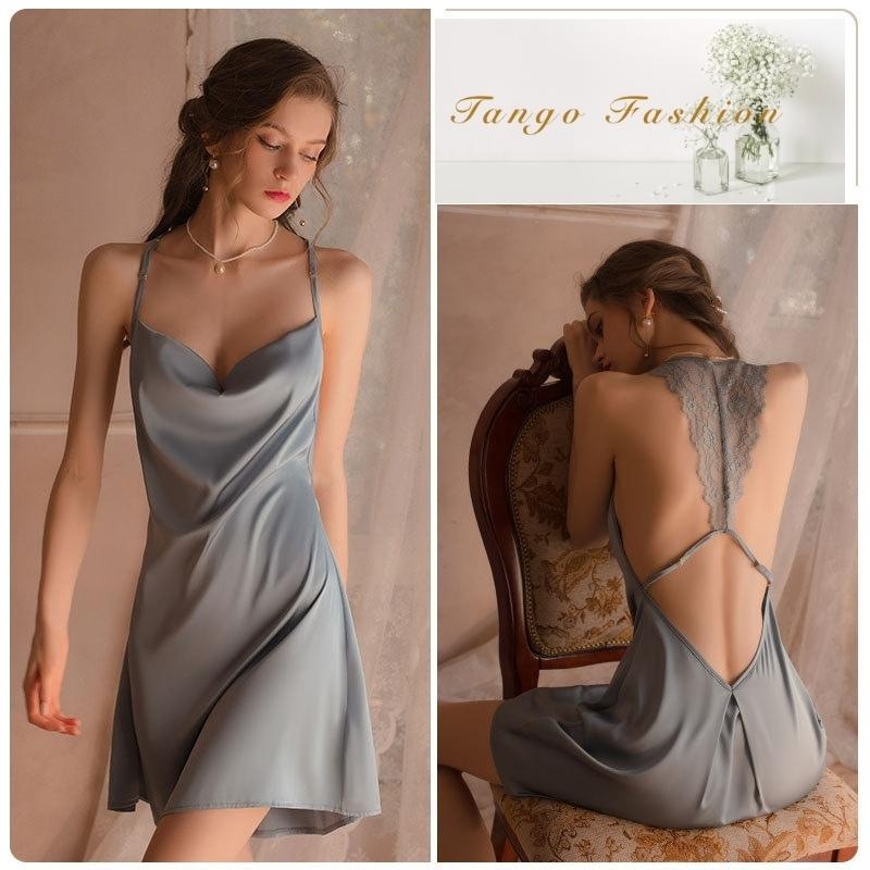 Váy ngủ sexy, Đầm lụa satin CAO CẤP thiết kế phối ren hở lưng quyến rủ, TANGO FASHION Shop chuyên đồ ngủ