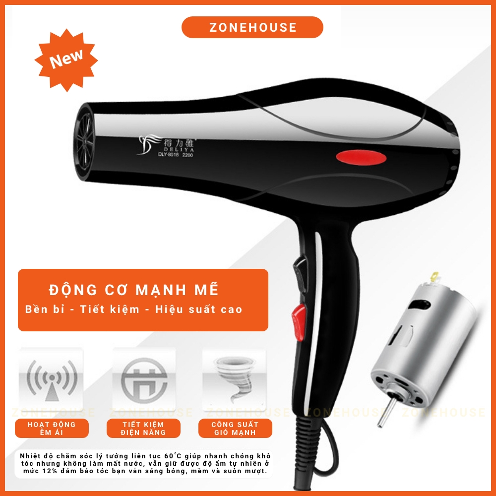 Máy Sấy Tóc Deliya - ZoneHouse, Công Suất Lớn 2200W Tặng Kèm 5 Phụ Kiện, máy sấy tạo kiểu tóc, bảo hành 1 đổi 1