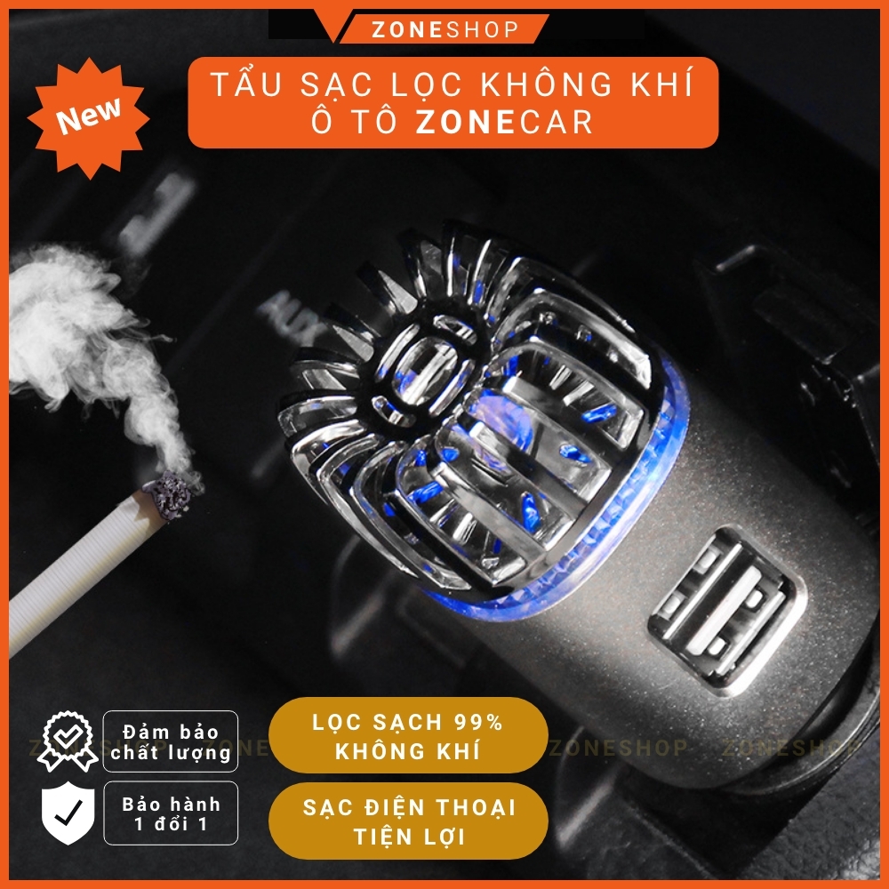 Máy Lọc Không Khí Tạo ION Âm Kiêm Tẩu Sạc cao cấp ZONE CAR Dùng Cho Ô Tô 12V, lọc sạch không khí, khói thuốc [ZONESHOP]