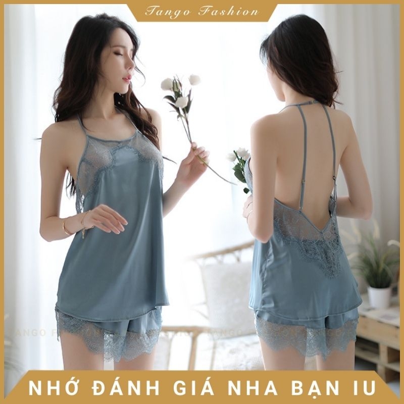 Đồ bộ ngủ lụa satin yếm sexy cao cấp,  Bộ ngủ áo yếm và quần đùi phối ren cực quyến rủ siêu hot [TANGO FASHION]