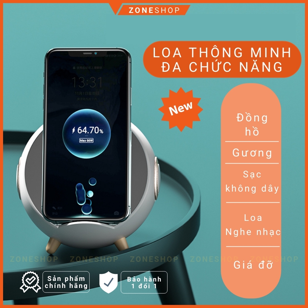 Loa bluetooth đa chức năng ZONEHOUSE, đế sạc điện thoại không dây, đồng hồ báo thức gương, giá đỡ điện, 5in1 [ZONESHOP]