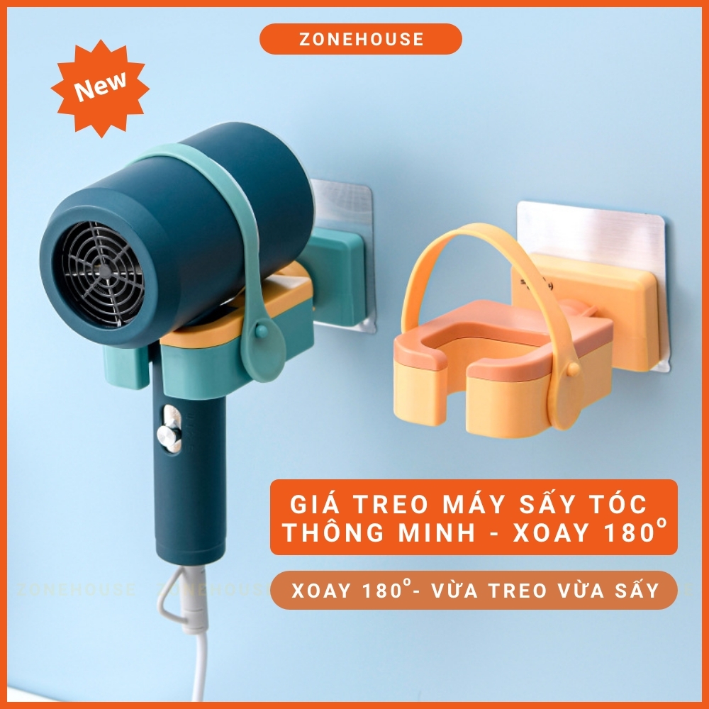 Giá Treo Máy Sấy Tóc Thông Minh Xoay 180 độ ZONEHOUSE, Vừa Treo Vừa Sấy, Kệ Treo Máy Sấy Tóc Dán Tường Nhà Tắm ZONESHOP