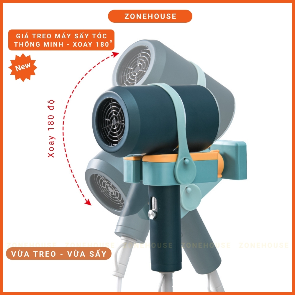 Giá Treo Máy Sấy Tóc Thông Minh Xoay 180 độ ZONEHOUSE, Vừa Treo Vừa Sấy, Kệ Treo Máy Sấy Tóc Dán Tường Nhà Tắm ZONESHOP