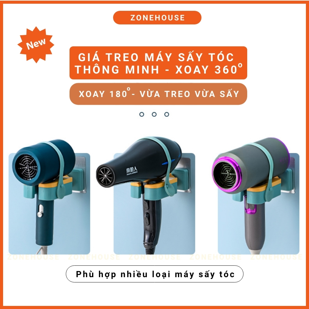 Giá Treo Máy Sấy Tóc Thông Minh Xoay 180 độ ZONEHOUSE, Vừa Treo Vừa Sấy, Kệ Treo Máy Sấy Tóc Dán Tường Nhà Tắm ZONESHOP