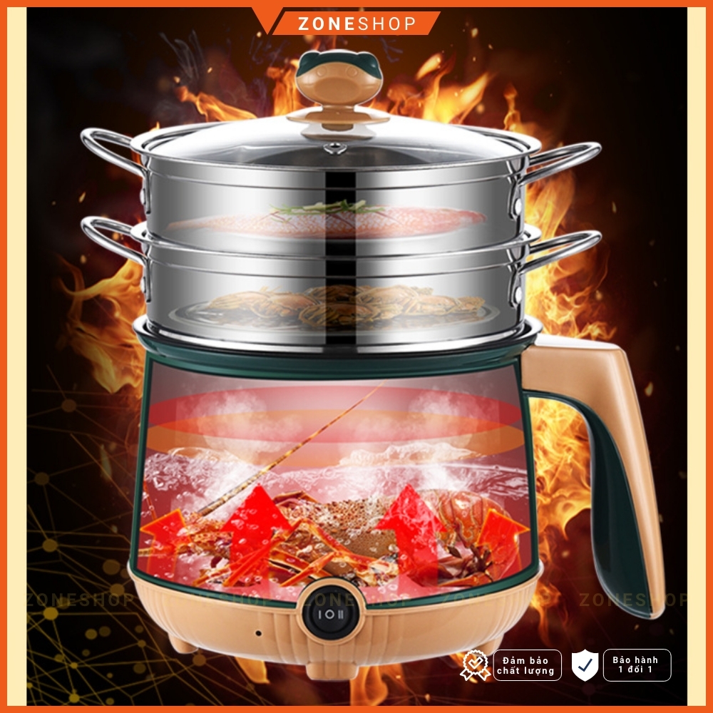 Nồi lẩu điện mini nấu mì 2 tầng ZONEHOUSE - LISHIDAI, giá hấp đa năng nướng, luộc, chiên tiện lợi [ZONESHOP]