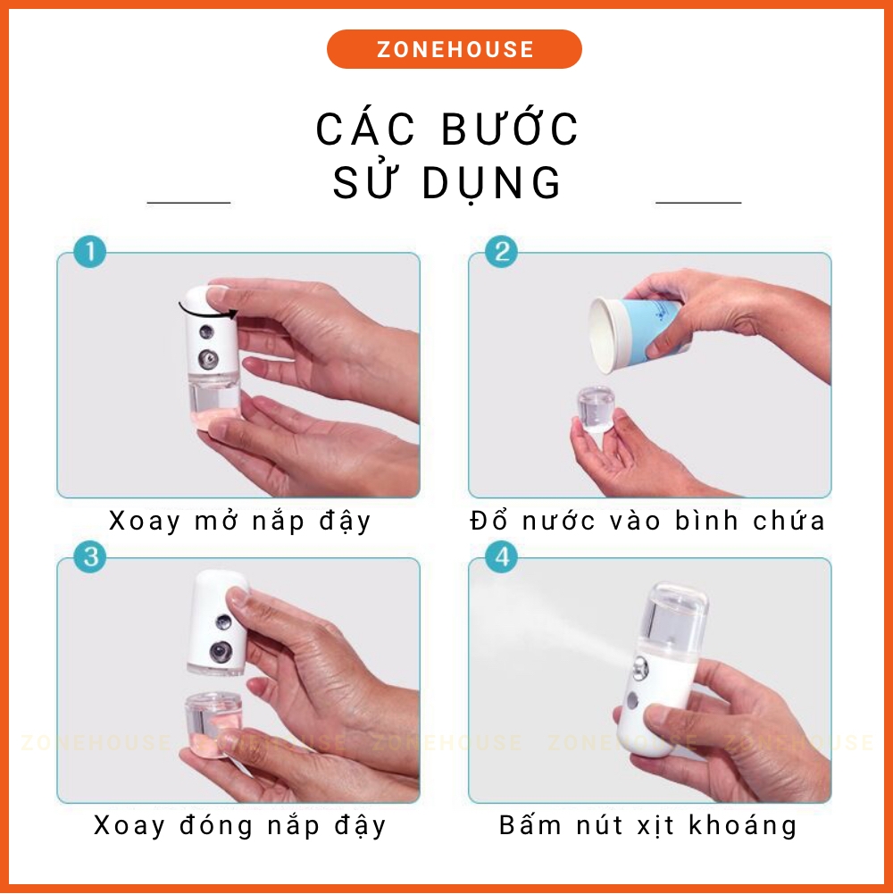 Máy Xịt Khoáng Phun Sương Tạo Ẩm Nano Mini Cầm Tay ZONEHOUSE, Chăm Sóc Da, tạo ẩm cho da, chính hãng