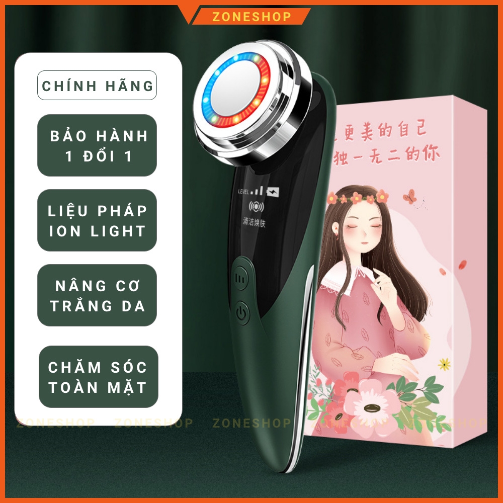 Máy massage mặt cầm tay ION 4 chế độ, 2 nguồn ánh sáng, chăm sóc da mặt ion light, sóng âm - SP Chính hãng [ZONESHOP]
