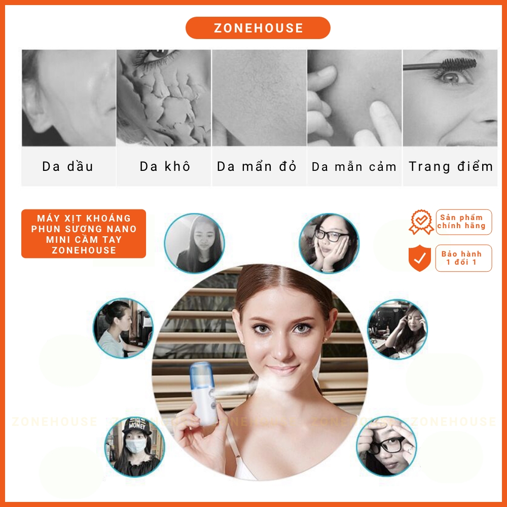 Máy Xịt Khoáng Phun Sương Tạo Ẩm Nano Mini Cầm Tay ZONEHOUSE, Chăm Sóc Da, tạo ẩm cho da, chính hãng