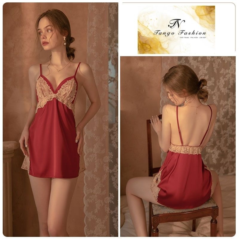 Váy ngủ sexy, Đầm lụa latin CAO CẤP phối ren thiết kế hở lưng quyến rủ, đồ mặc nhà gợi cảm [TANGO FASHION]