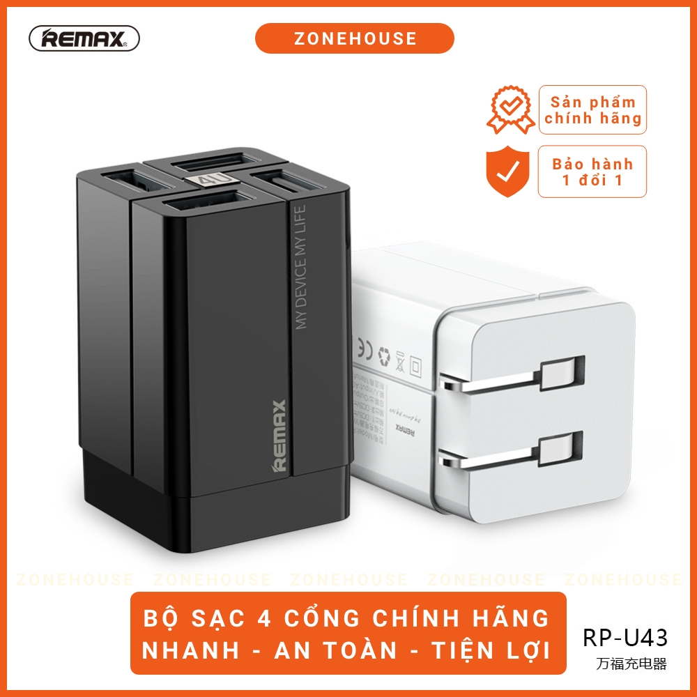 Củ Sạc Nhanh 4 Cổng REMAX - ZoneHouse, Cục Sạc Điện Thoại Thông Minh, Chân Gập Tiện Dụng, Sạc Đa
