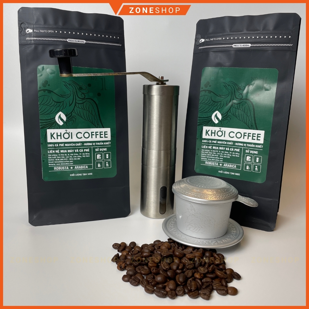 Cà phê hạt nguyên chất [TẶNG MÁY XAY] thương hiệu KHỞI, cà phê bột nguyên chất không pha trộn tẩm ướt [ZONESHOP]