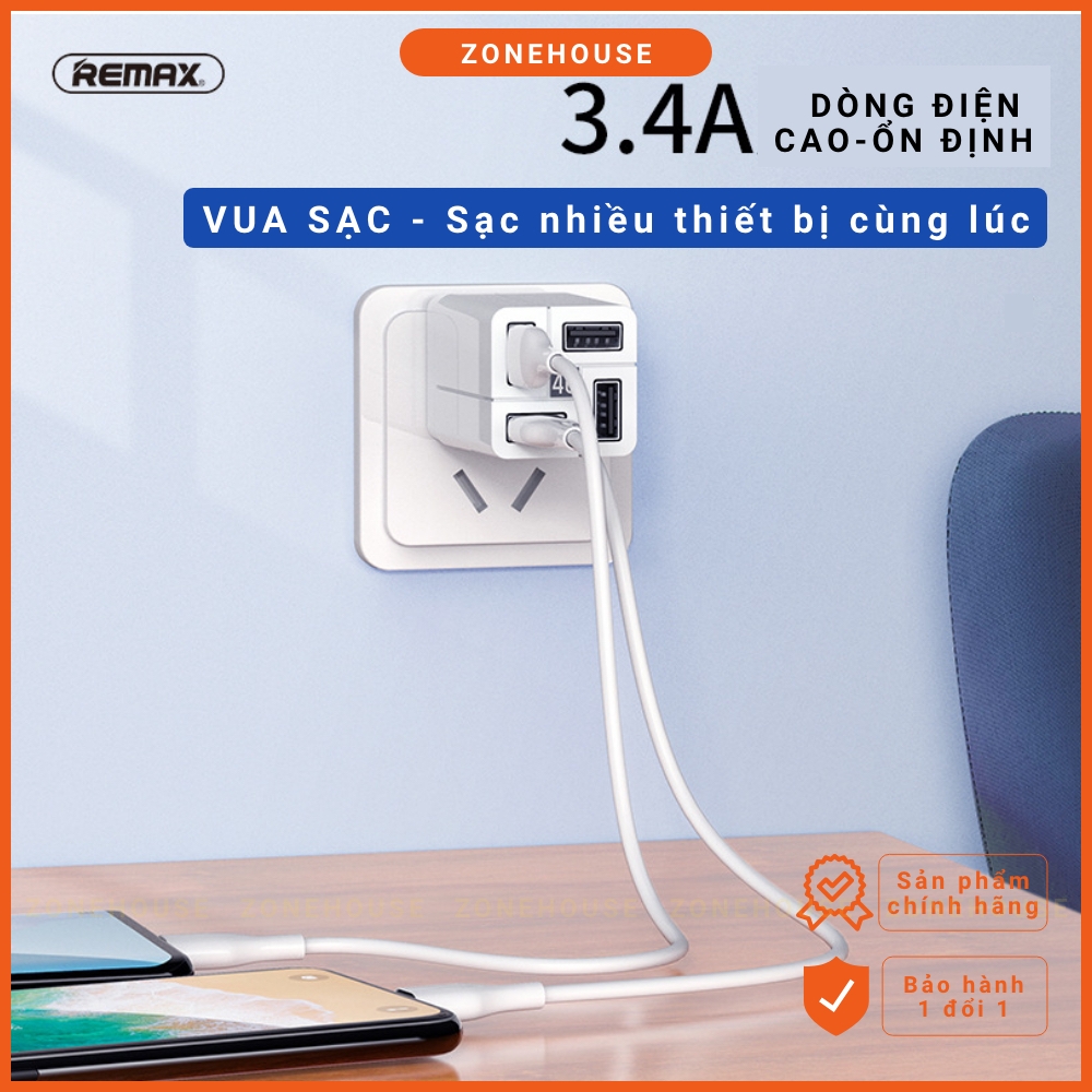 Củ Sạc Nhanh 4 Cổng REMAX - ZoneHouse, Cục Sạc Điện Thoại Thông Minh, Chân Gập Tiện Dụng, Sạc Đa