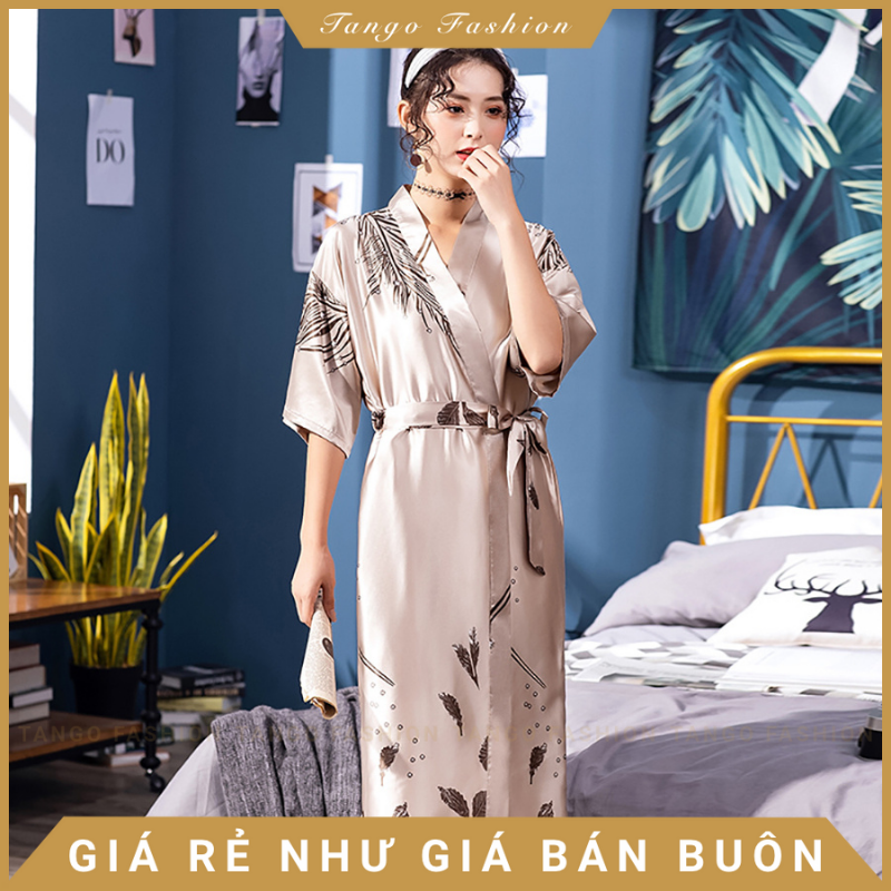 Áo choàng ngủ, váy ngủ lụa kiểu Kimono họa tiết dành cho nữ, áo choàng ngủ quyến rũ lụa Satin [TANGO FASHION]