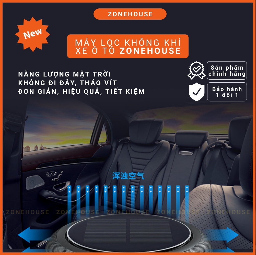 Máy lọc không khí ô tô năng lượng mặt trời ZONEHOUSE, sử dụng năng lượng mặt trời, loại bỏ Formaldehyde, màn lọc HEPA