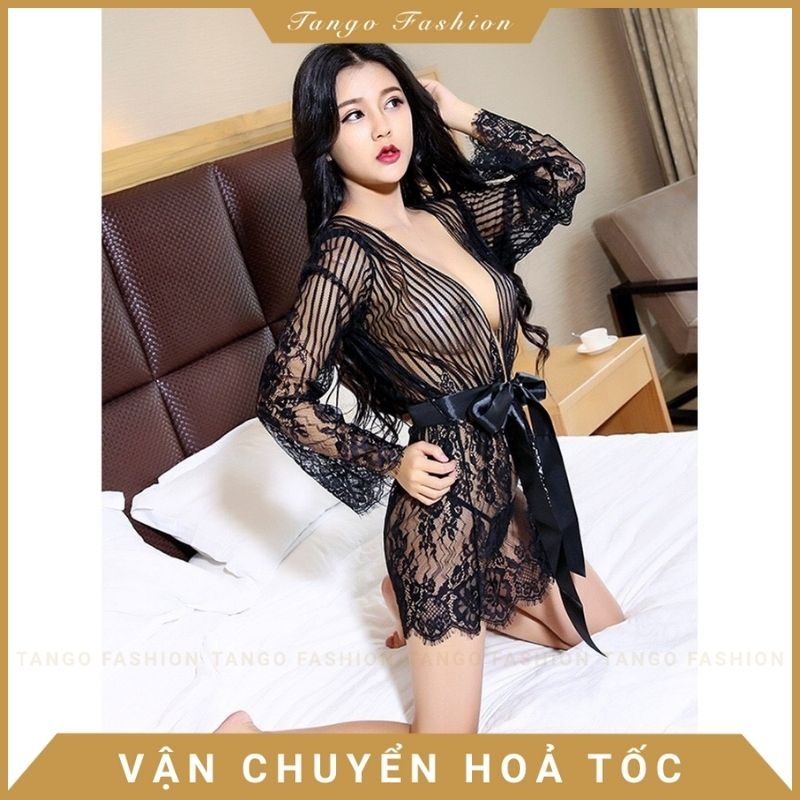 Váy ngủ sexy quyến rủ xuyên thấu TANGO FASHION - Đầm ngủ ren voan choàng thắt dây + Quần chip lọt khe gợi cảm