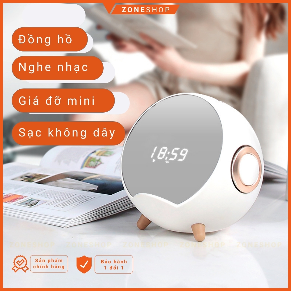Loa bluetooth đa chức năng ZONEHOUSE, đế sạc điện thoại không dây, đồng hồ báo thức gương, giá đỡ điện, 5in1 [ZONESHOP]