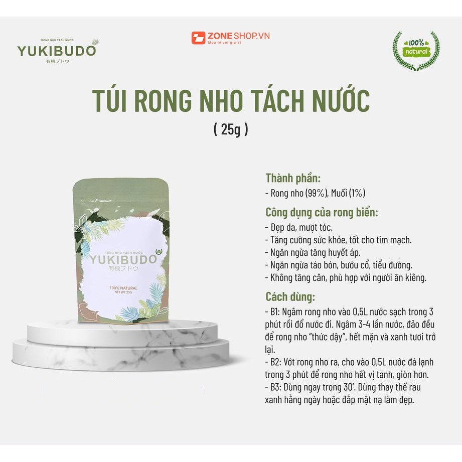 [CHÍNH HÃNG] Túi rong nho tách nước YUKIBUDO túi 25 g, rong nho tách nước Công nghệ Nhật Bản, hoàn toàn tự nhiên 100%