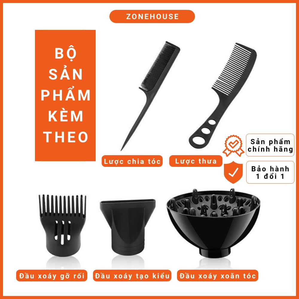 Máy Sấy Tóc Deliya - ZoneHouse, Công Suất Lớn 2200W Tặng Kèm 5 Phụ Kiện, máy sấy tạo kiểu tóc, bảo hành 1 đổi 1