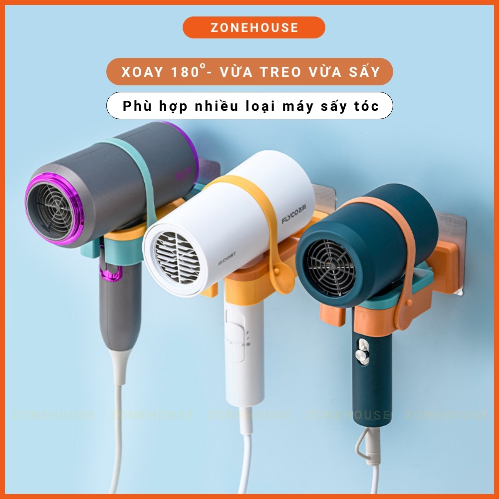 Giá Treo Máy Sấy Tóc Thông Minh Xoay 180 độ ZONEHOUSE, Vừa Treo Vừa Sấy, Kệ Treo Máy Sấy Tóc Dán Tường Nhà Tắm ZONESHOP