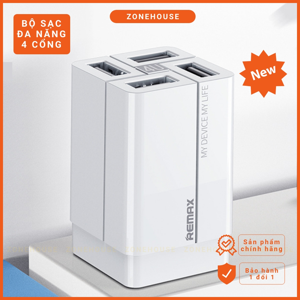 Củ Sạc Nhanh 4 Cổng REMAX - ZoneHouse, Cục Sạc Điện Thoại Thông Minh, Chân Gập Tiện Dụng, Sạc Đa