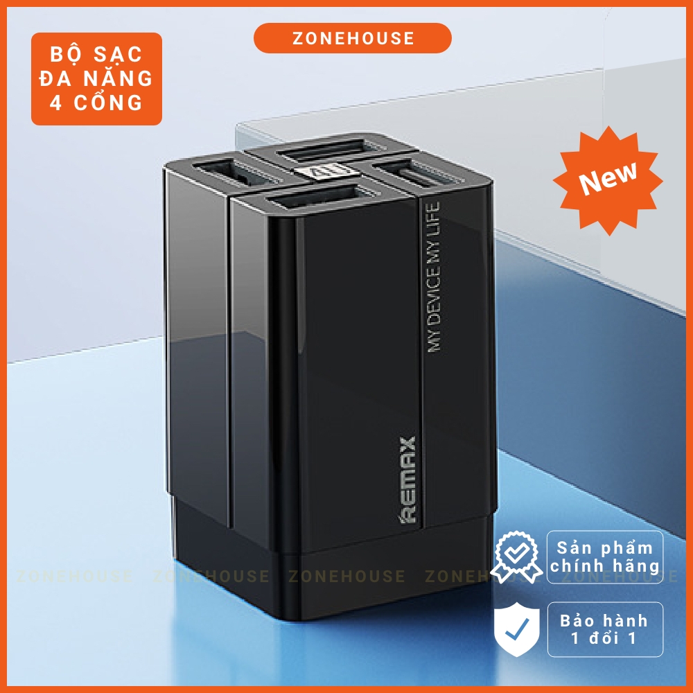 Củ Sạc Nhanh 4 Cổng REMAX - ZoneHouse, Cục Sạc Điện Thoại Thông Minh, Chân Gập Tiện Dụng, Sạc Đa