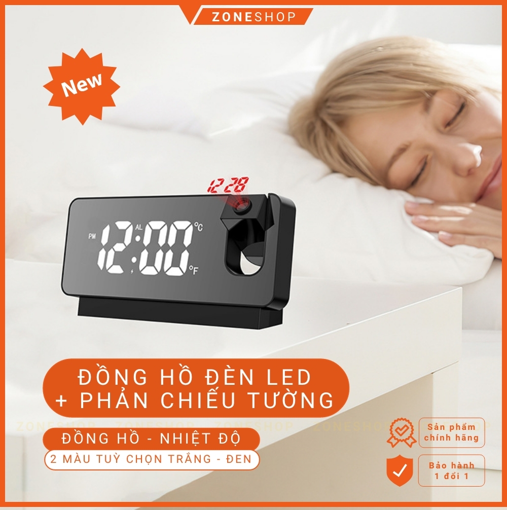 Đồng hồ báo thức LED để bàn ZONEHOUSE, phản chiếu đèn led trên tường, đo nhiệt độ, hiển thị đa chức năng [ZONESHOP]
