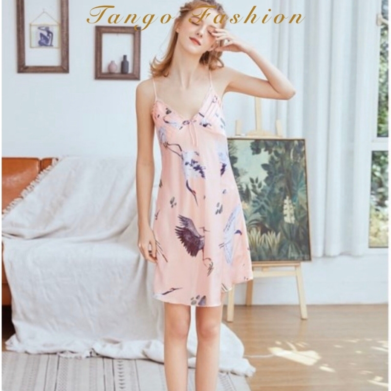 Váy hai dây, Đầm ngủ nữ lụa satin họa tiết, đồ mặc nhà dễ thương [TANGO FASHION]