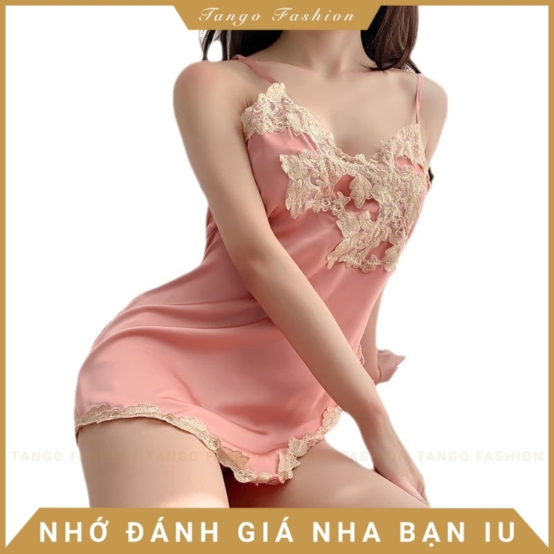 Váy Ngủ Sexy Đầm Ngủ Lụa Ren Hai Dây Họa Tiết Ngực Xẻ Eo Thắt Dây Gợi Cảm - Đồ Lót Nữ Sexy [TANGO FASHION]