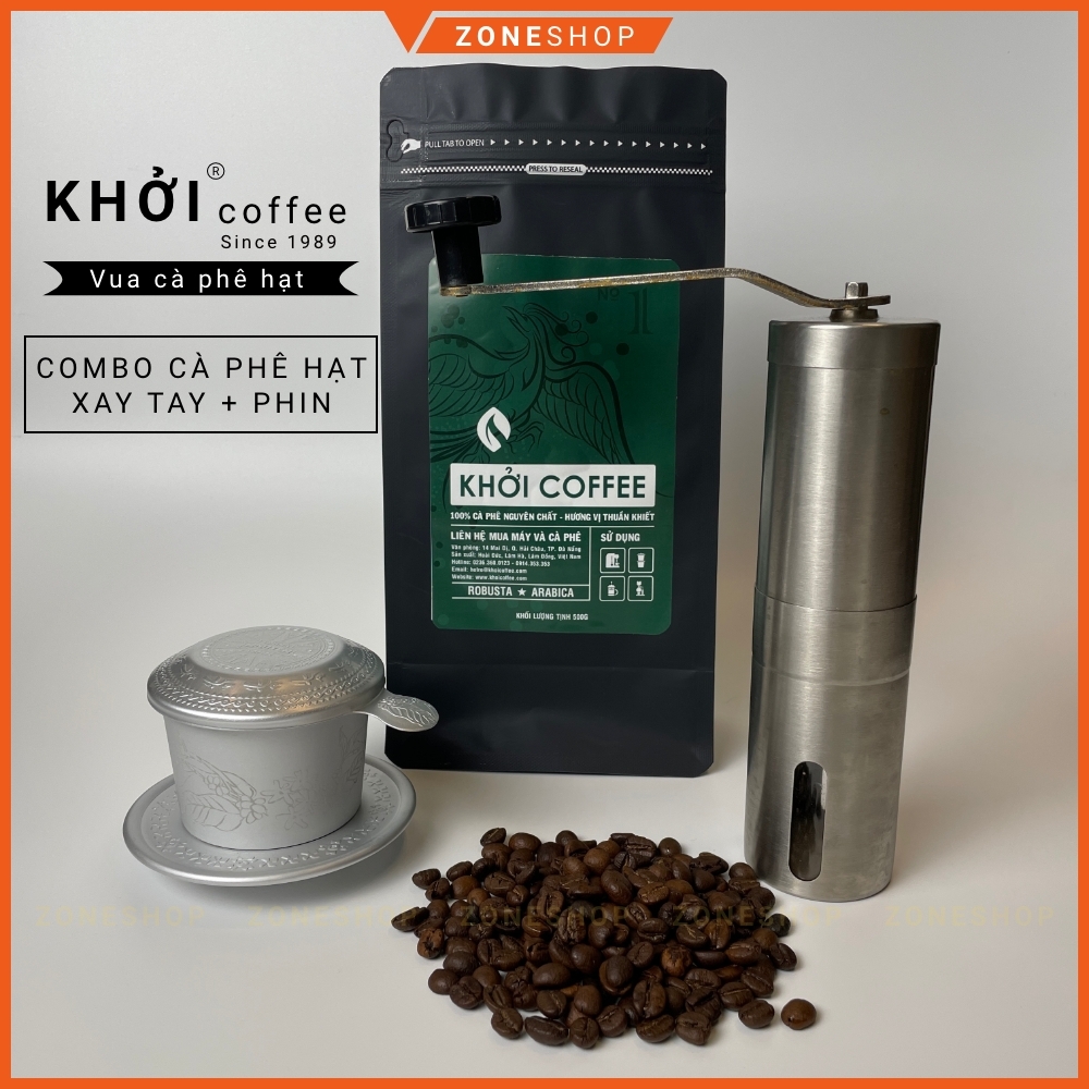 Cà phê hạt nguyên chất [TẶNG MÁY XAY] thương hiệu KHỞI, cà phê bột nguyên chất không pha trộn tẩm ướt [ZONESHOP]