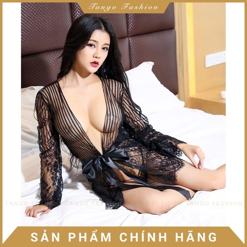 Váy ngủ sexy quyến rủ xuyên thấu TANGO FASHION - Đầm ngủ ren voan choàng thắt dây + Quần chip lọt khe gợi cảm