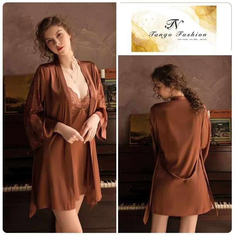 Áo choàng ngủ, Đầm ngủ lụa latin CAO CẤP phối ren quyến rủ, đồ mặc nhà gợi cảm [TANGO FASHION]