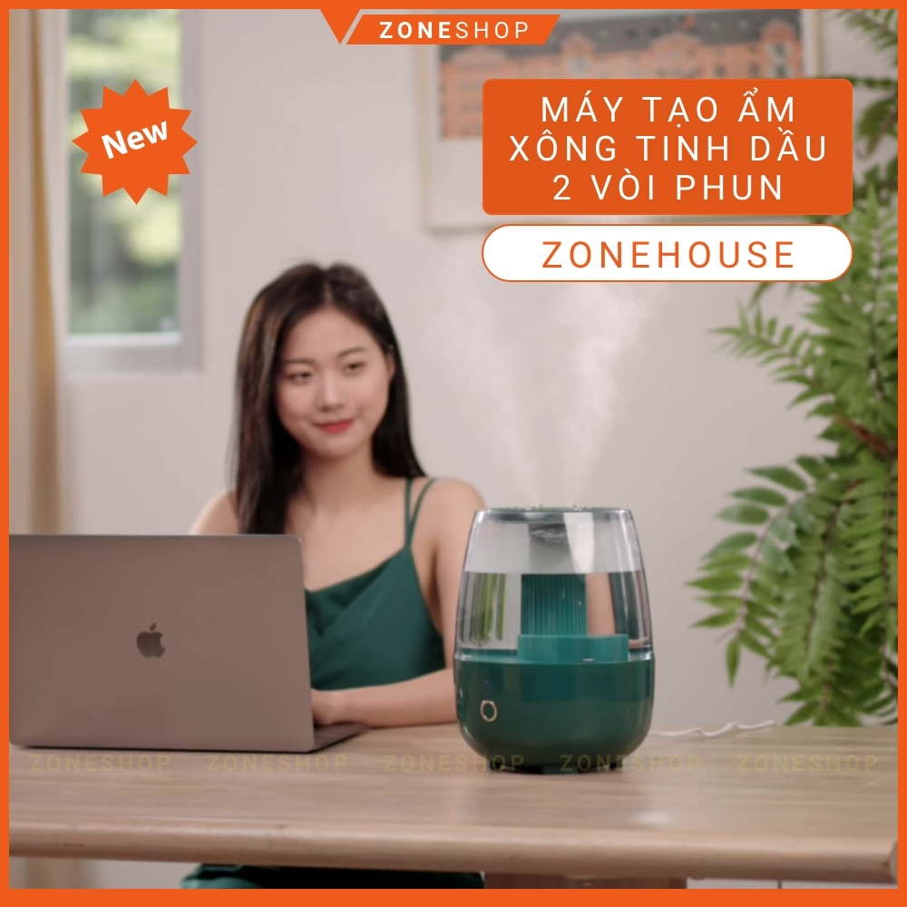 Máy xông tinh dầu tạo ẩm ZONEHOUSE vòi phun kép mạnh mẽ, xông xả chanh, hoa quả, tạo ion thơm phòng [ZONESHOP]