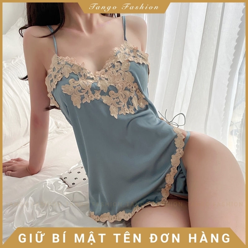 Váy Ngủ Sexy Đầm Ngủ Lụa Ren Hai Dây Họa Tiết Ngực Xẻ Eo Thắt Dây Gợi Cảm - Đồ Lót Nữ Sexy [TANGO FASHION]