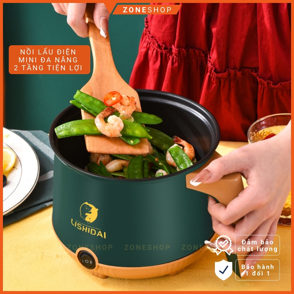 Nồi lẩu điện mini nấu mì 2 tầng ZONEHOUSE - LISHIDAI, giá hấp đa năng nướng, luộc, chiên tiện lợi [ZONESHOP]