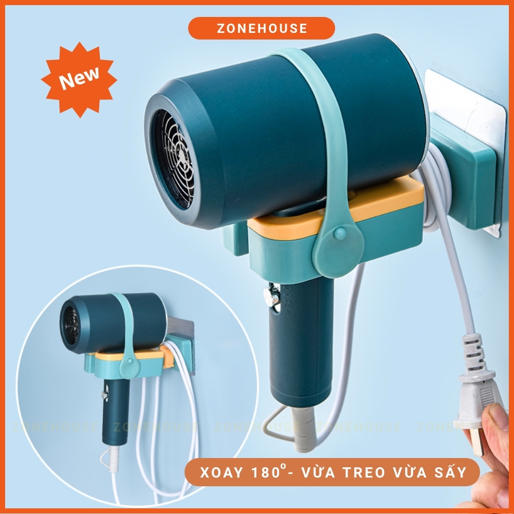 Giá Treo Máy Sấy Tóc Thông Minh Xoay 180 độ ZONEHOUSE, Vừa Treo Vừa Sấy, Kệ Treo Máy Sấy Tóc Dán Tường Nhà Tắm ZONESHOP