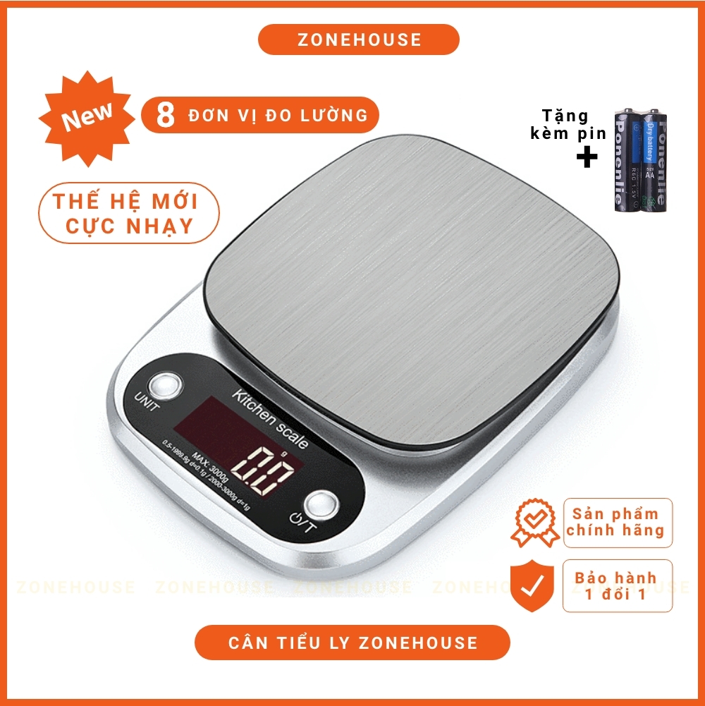 Cân tiểu ly điện tử nhà bếp cao cấp ZONEHOUSE định lượng 1g - 10kg, 8 đơn vị đo lường, cân làm bánh, chính xác- ZONESHOP