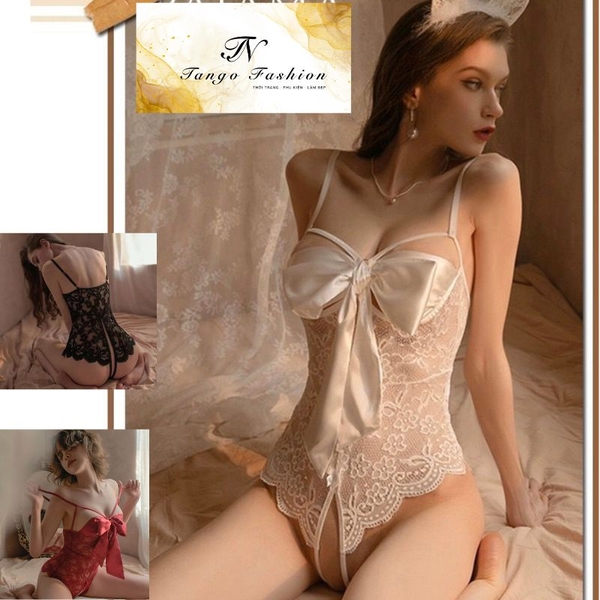 Đầm Ngủ Bodysuit Ren, đồ ngủ sexy cosplay xuyên thấu gợi cảm cho nữ phối nơ ngực