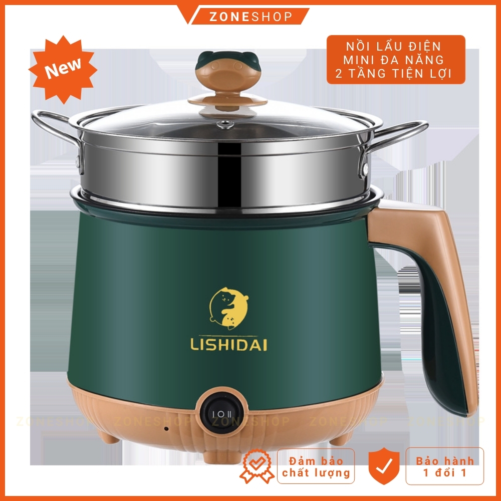 Nồi lẩu điện mini nấu mì 2 tầng ZONEHOUSE - LISHIDAI, giá hấp đa năng nướng, luộc, chiên tiện lợi [ZONESHOP]