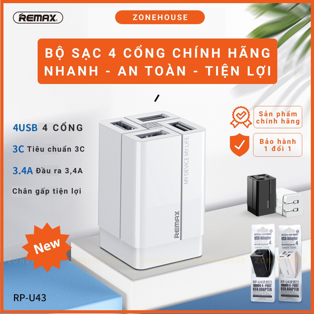Củ Sạc Nhanh 4 Cổng REMAX - ZoneHouse, Cục Sạc Điện Thoại Thông Minh, Chân Gập Tiện Dụng, Sạc Đa