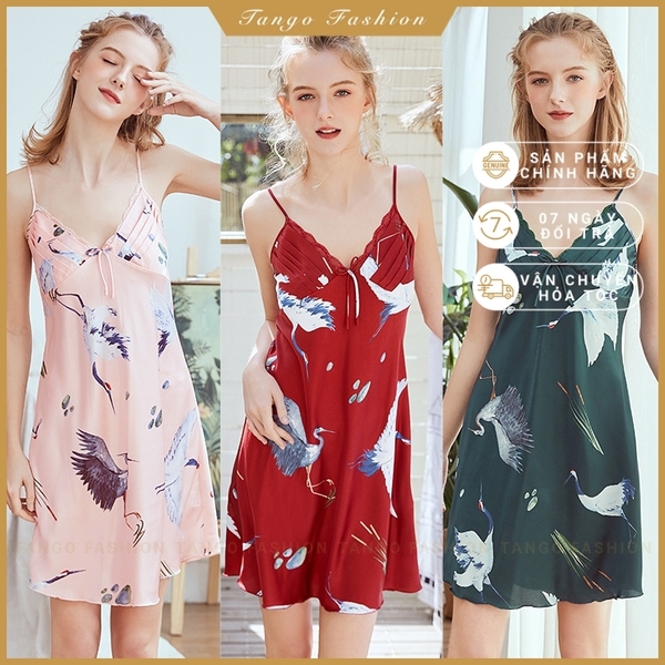 Váy hai dây, Đầm ngủ nữ lụa satin họa tiết, đồ mặc nhà dễ thương [TANGO FASHION]